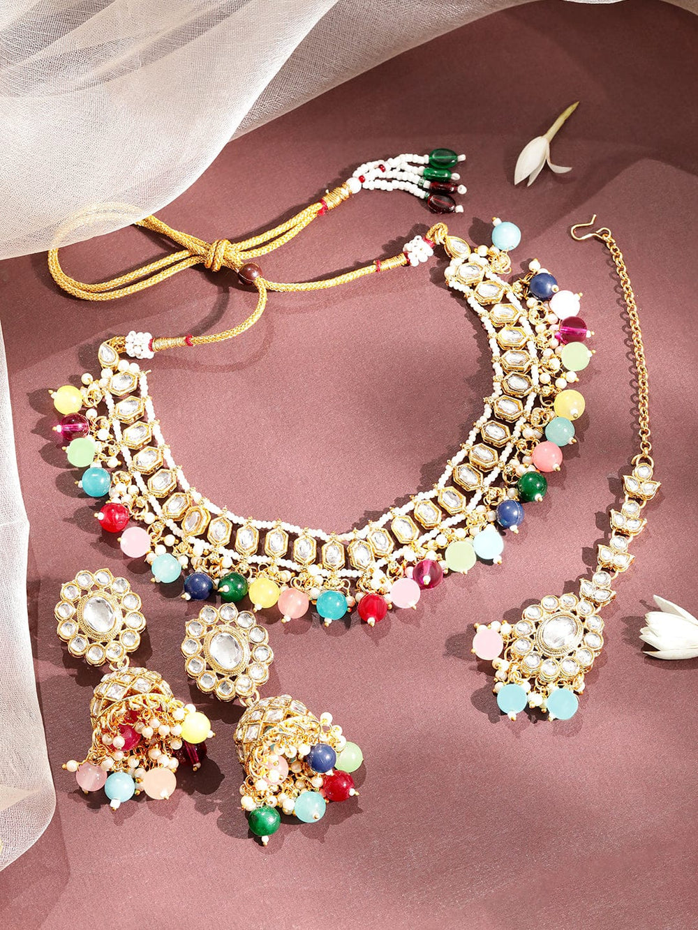Rubans 22KT Gold Plated American Diamond Studded Multicolor Beaded Jewellery Set Jewellery Set
