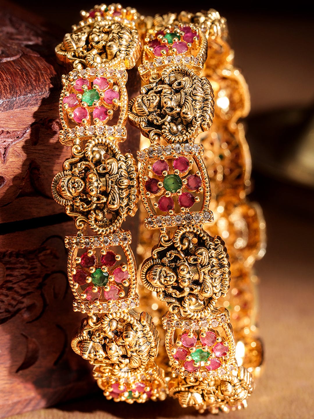 Rubans 22KT Gold Plated Red And Green Stone Studded Lakshmi Motif Set Of 2 Bangles Bangles & Bracelets