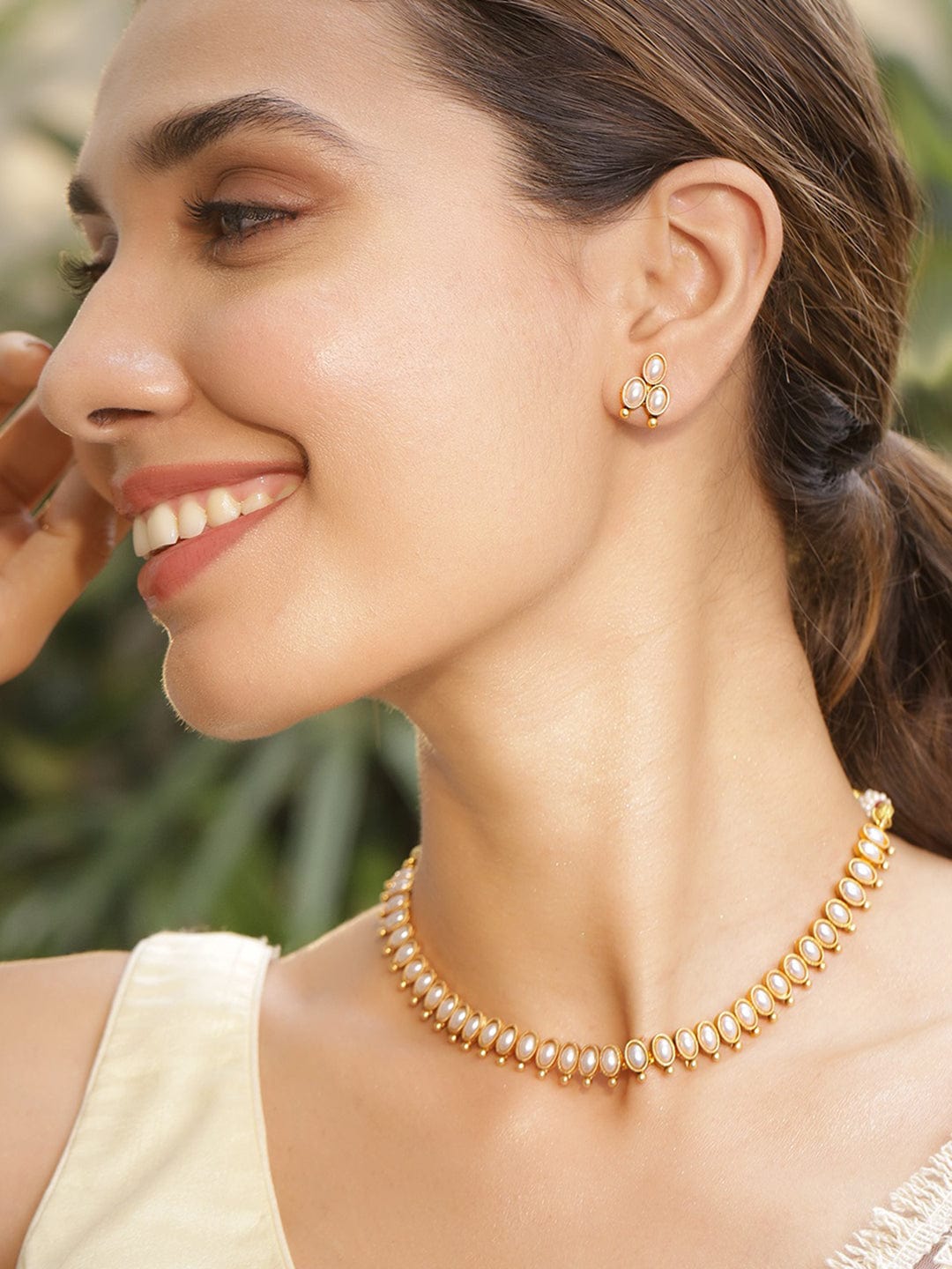 Rubans 22K Gold Plated Stylish Pearl Studded Oval Link Design Choker N