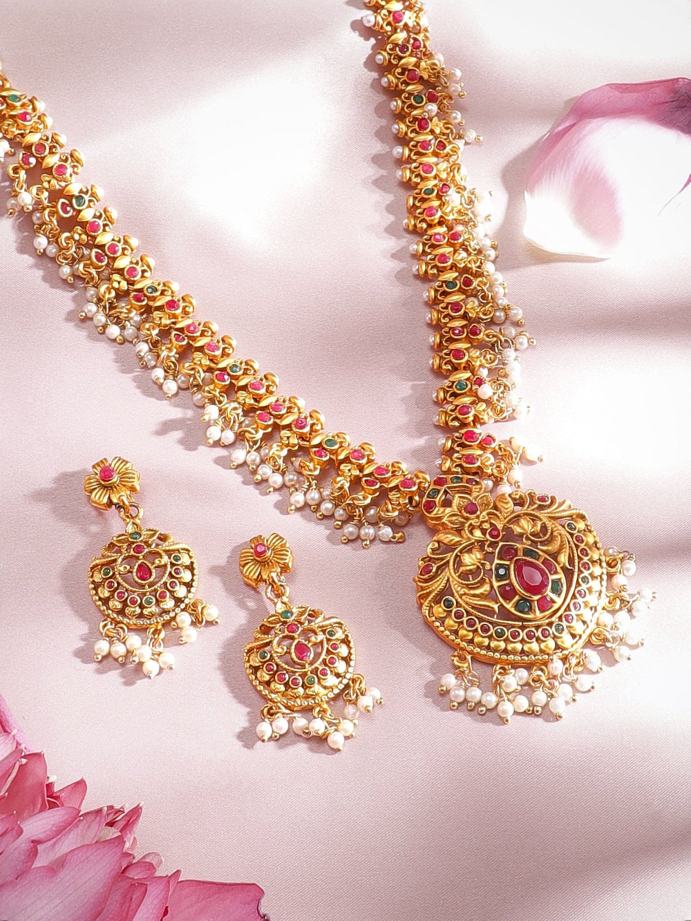Rubans 24K Gold Plated Handcrafted Ruby Stone with white pearls Necklace Set Necklaces, Necklace Sets, Chains & Mangalsutra