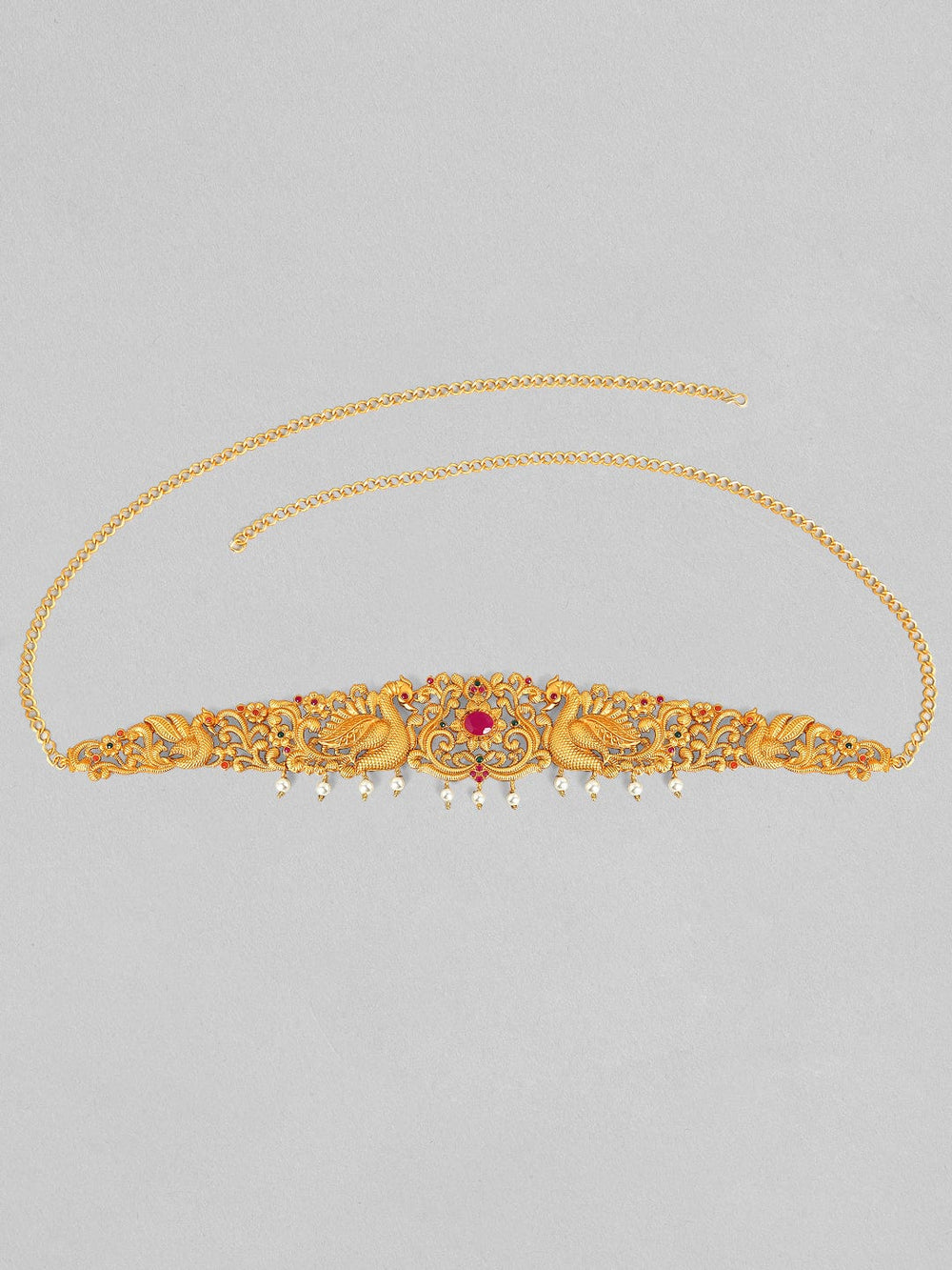 Rubans 24K Gold Plated Handcrafted Ruby with Peacock Tradional Kamarbandh Kamarbandh