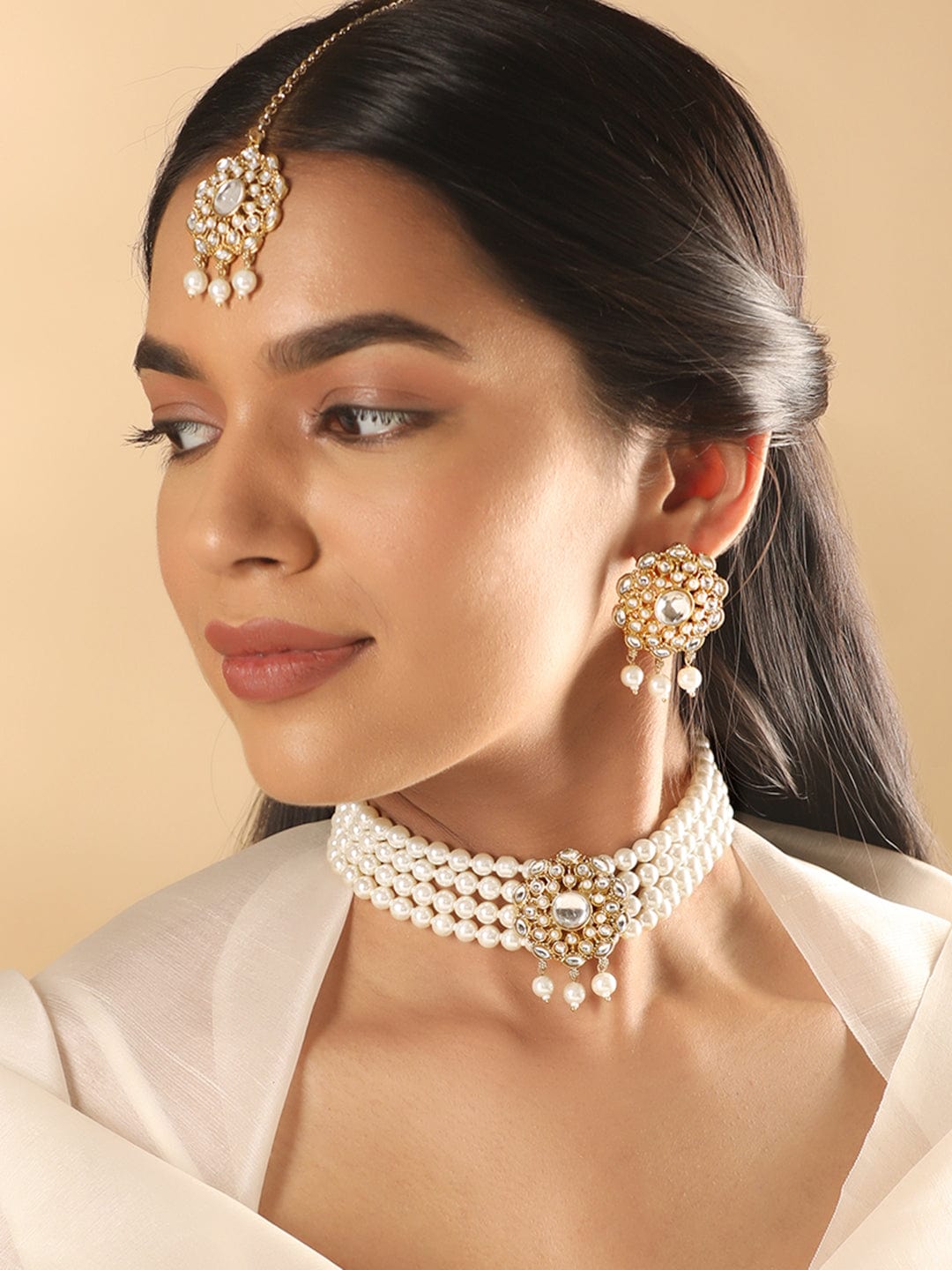 Rubans 24K Gold Plated Kundan studded Pearl Beaded Choker Necklace Set Earrings & mangtika Combo