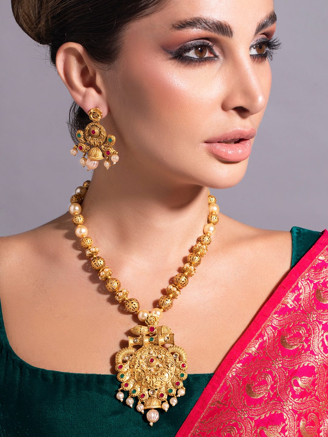 Rubans 24K Gold Plated Ruby Emerald Stones and Pearl Golden Beads