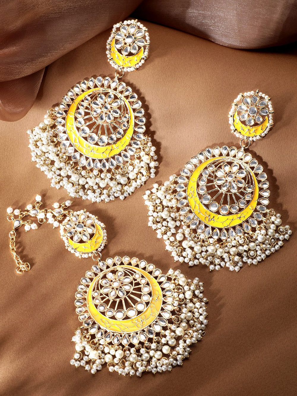 Rubans 24K Gold toned Pearl beaded Enemal & Kundan studded Mangtika & chandbali earring set Earrings & mangtika Combo