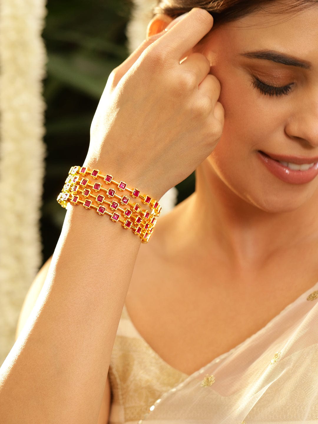 Rubans Align Set Of 22K Gold-Plated Ruby Pink Stone-Studded Classic  Bangles