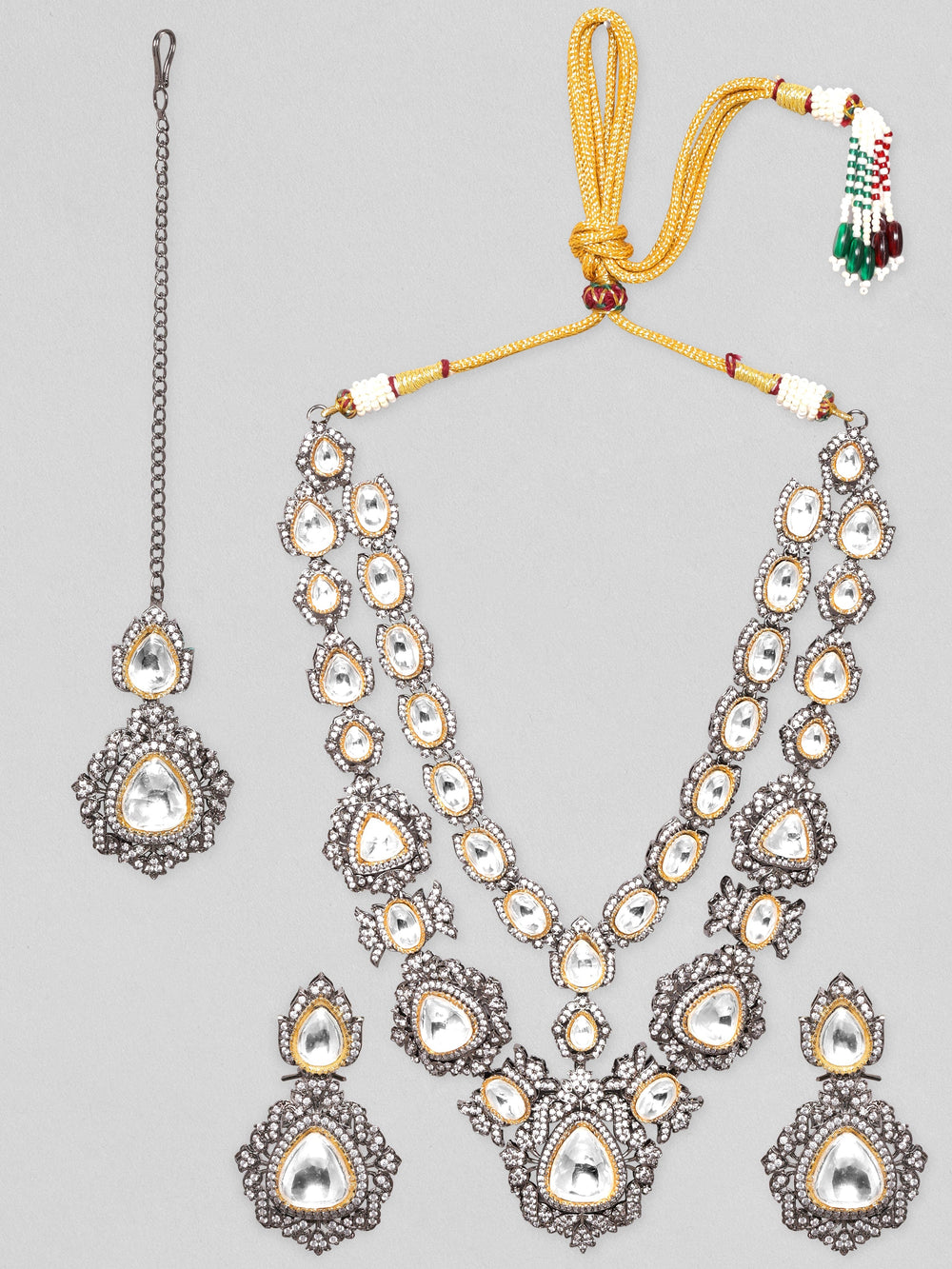 Rubans Antique Gold Plated Brilliant Cut Zirconia & Kundan Double Layer Vintage Royal Necklace Set Necklace Set