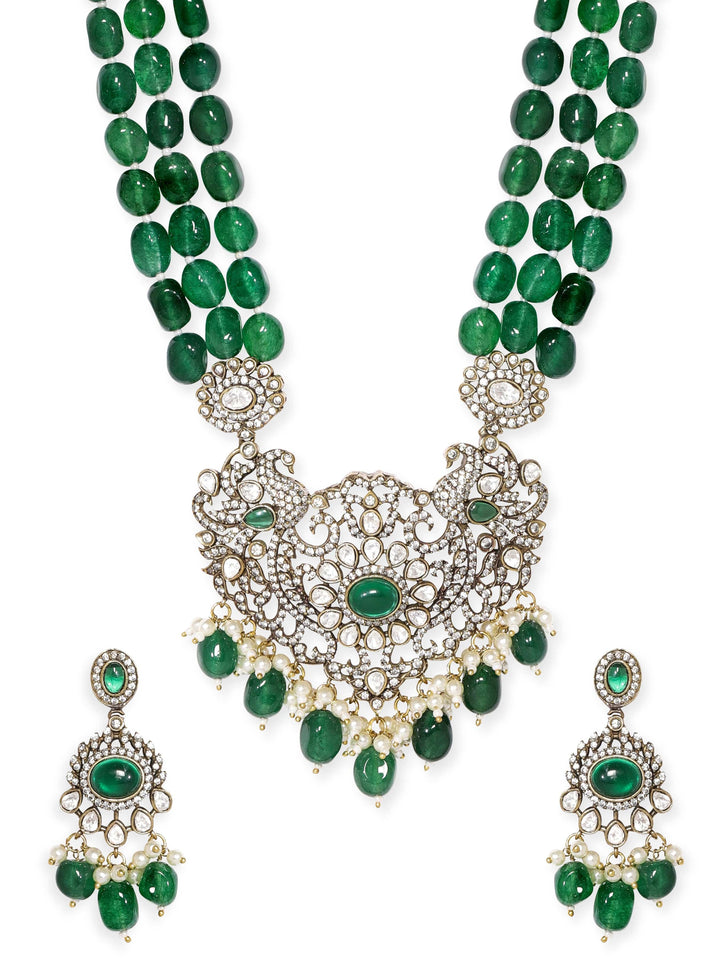 Rubans Antique Gold Plated Emerald Green Beaded Statement Pendant Necklace Set Jewellery Sets