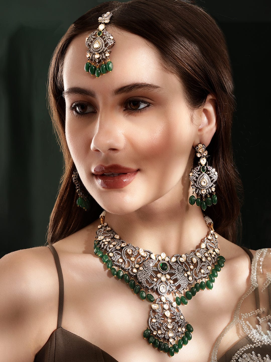 Rubans Black Gold plated Polki Zirconia Green Beaded Necklace Set Jewellery Sets