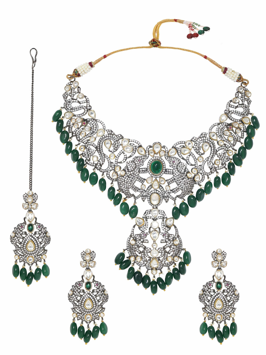 Rubans Black Gold plated Polki Zirconia Green Beaded Necklace Set Jewellery Sets