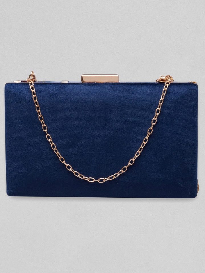 Rubans Blue Colour Box Clutch With Embroided Gold Design. Handbag & Wallet Accessories