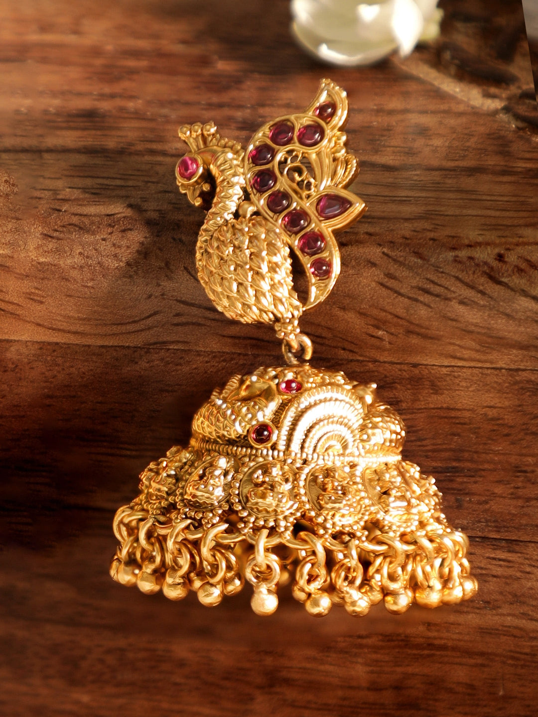 Rubans Celestial Plumage 22k Gold plated Jhumka Earrings with Peacock Charm Earrings