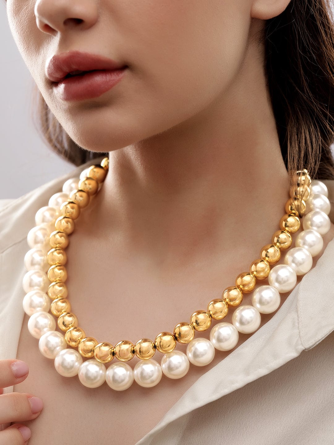 Rubans Cream & Gold pearl Beaded Double layered Statement Layer Necklace Necklace