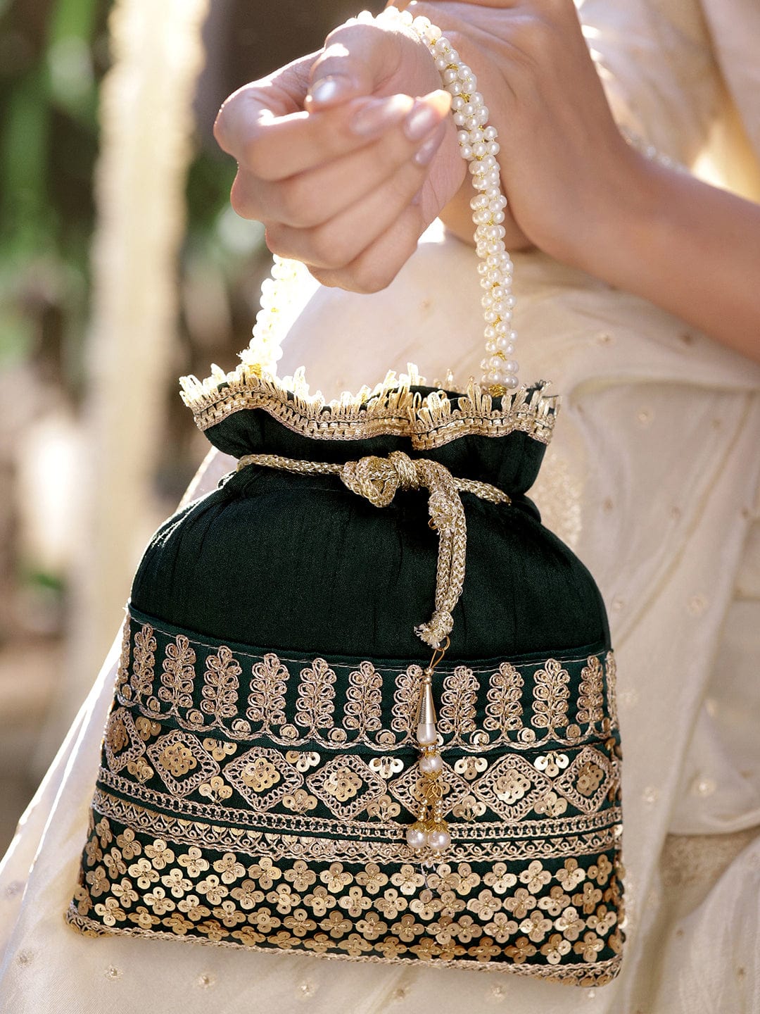 Rubans Dark Green Gold Embroidered Potli Bag with Pearl Handle Bea