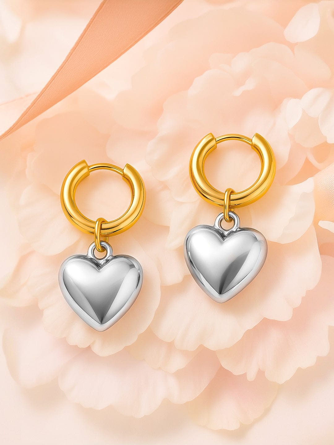 Rubans Dual Tone Gold Silver Plated Heart Charm Hoop Drop Earrings