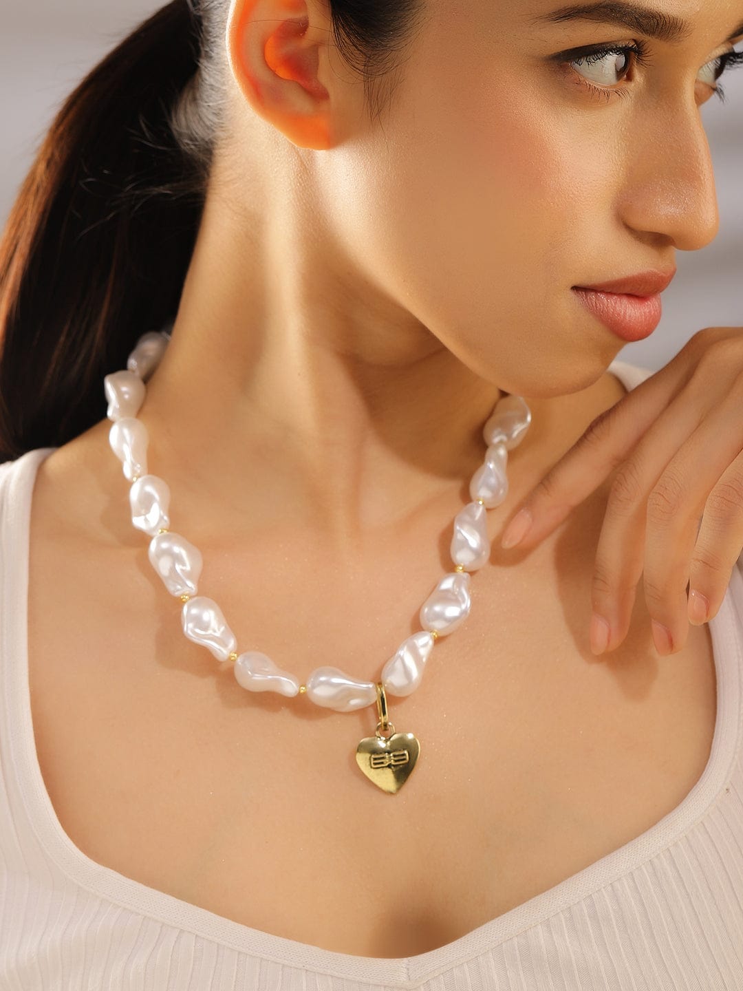 Rubans 18K Gold-Plated White Pearl Necklace with Heart Pendant Premium  Designer Jewelry