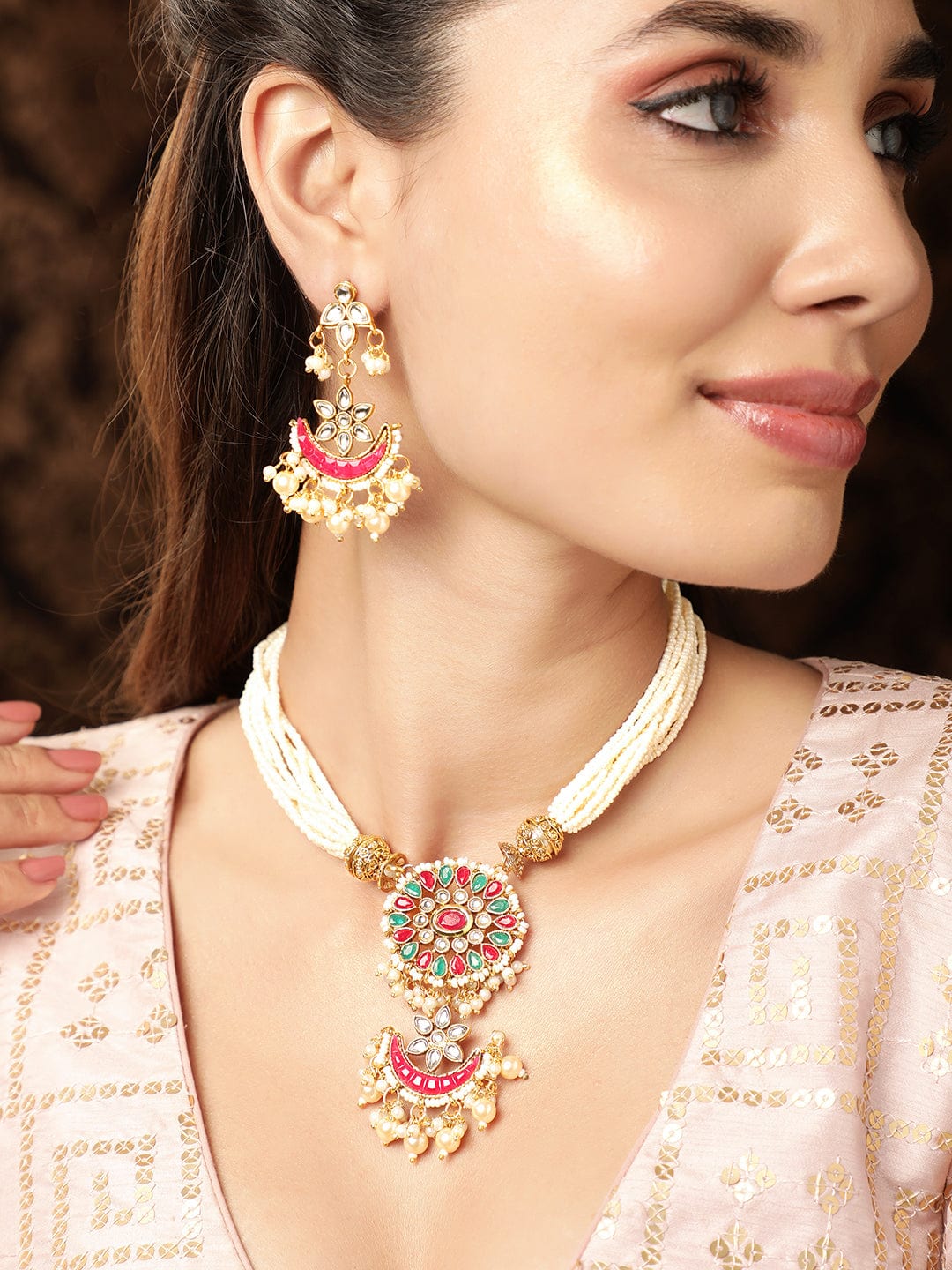 Rubans Glimmering Duality: Double-Sided Choker Set with Stones and Pearls Jewellery Sets