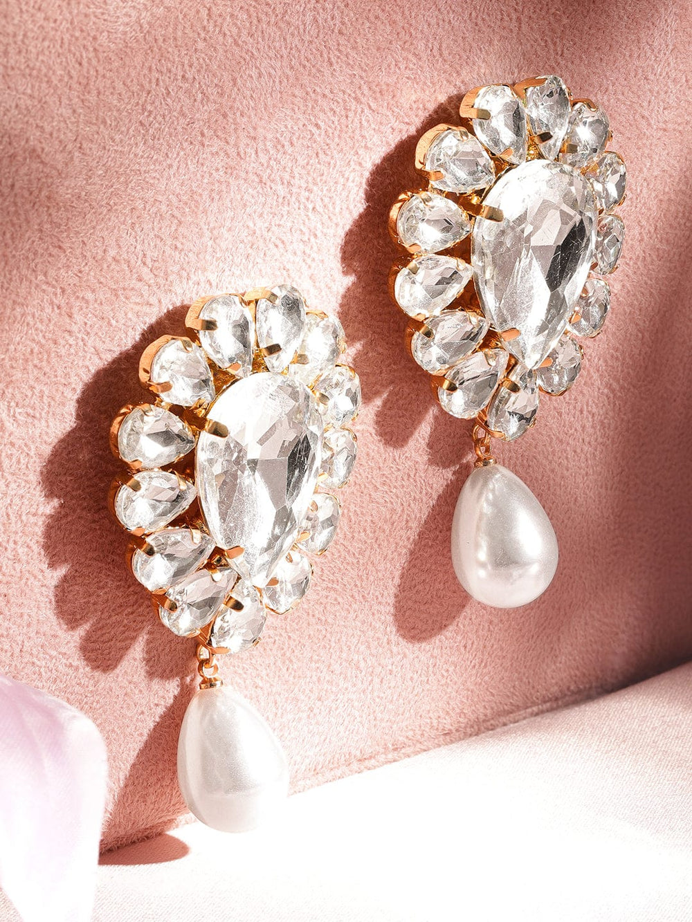 Rubans Gold Plated AAA Zirconia Embellished Tear Shaped Dangle Earring with Pearl Drops Earrings