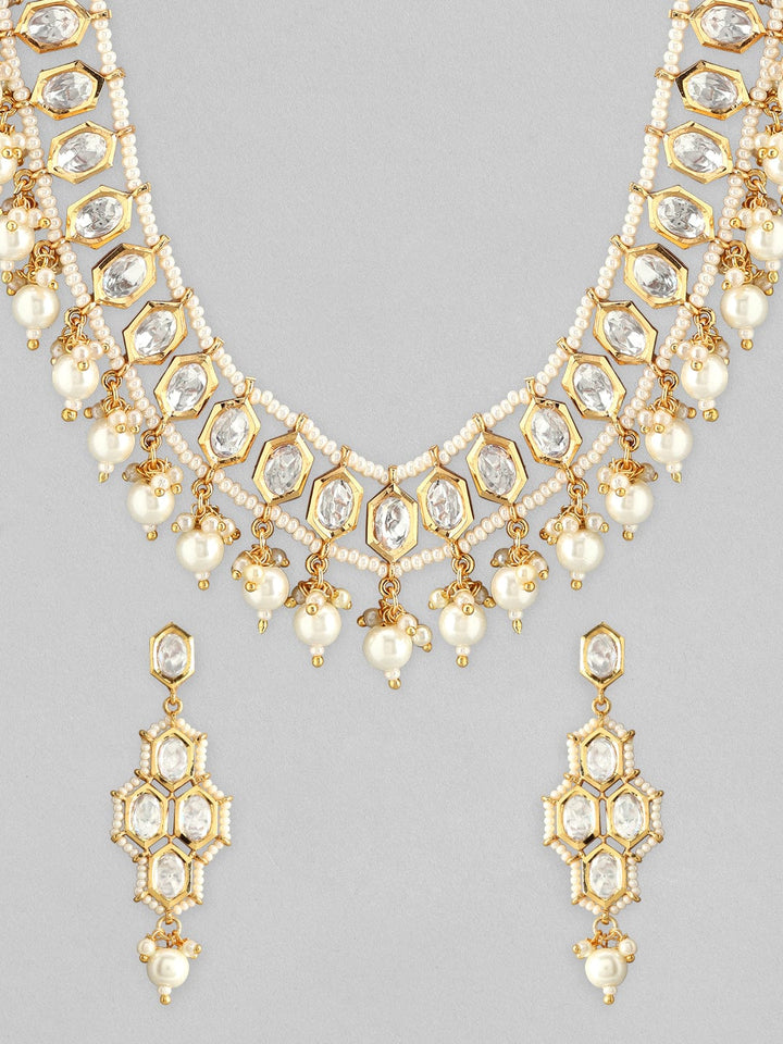 Rubans Gold Plated Kundan Necklace Set With White Beads And Pearls Necklace Set