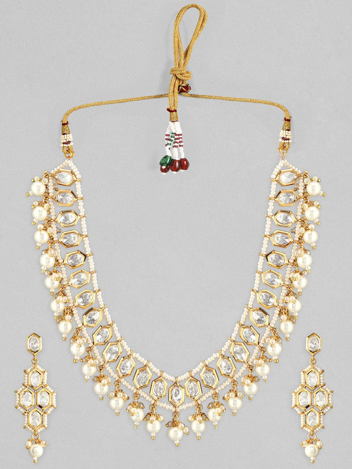 Rubans Gold Plated Kundan Necklace Set With White Beads And Pearls Necklace Set