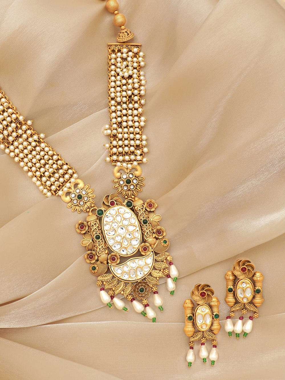 Rubans Gold-Toned Kundan Necklace Set with White and Gold Beads Chain Jewellery Sets