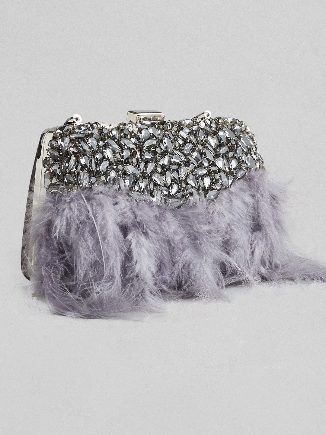 Rubans Grey Colour Clutch Bag With Studded Stone And Grey Fur. Handbag & Wallet Accessories