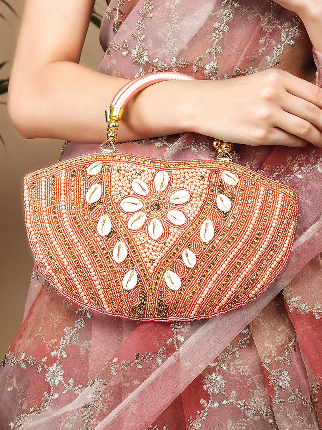 Rubans Handcrafted Peachy Pink Beaded Shell Embellished Handbag Flor