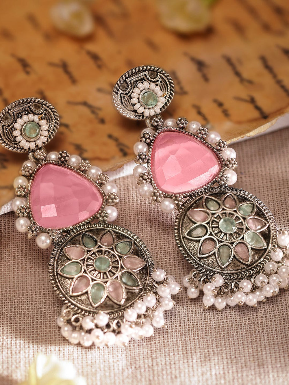 Rubans Intricate Engravings Oxidized Silver Plated Gemstone & Pearl Dangle Earrings Earrings