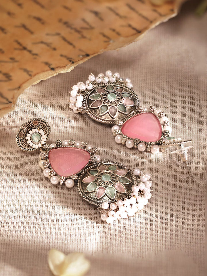 Rubans Intricate Engravings Oxidized Silver Plated Gemstone & Pearl Dangle Earrings Earrings