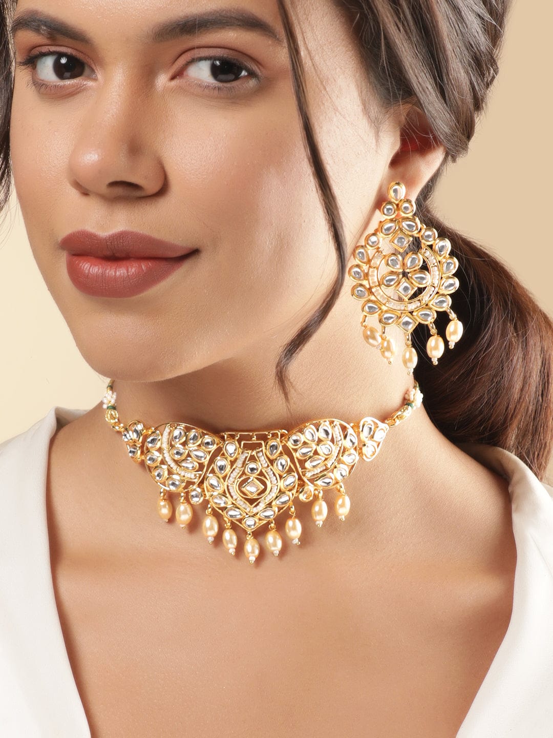 Rubans 18K Gold-Plated White Kundan Studded White Pearls Beaded Trad