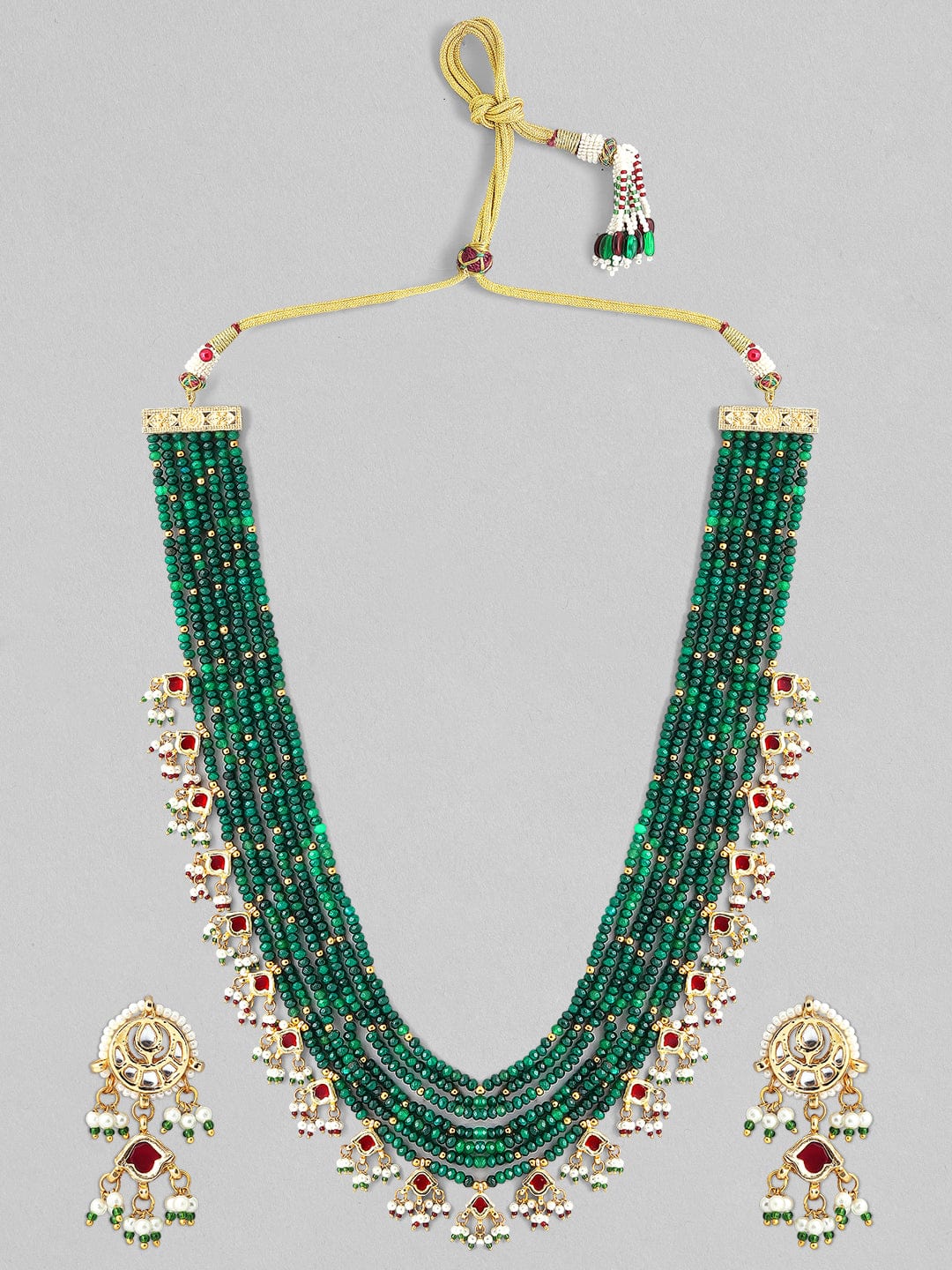 Rubans Kundan & Ruby Gold Plated Emerald Multi String Necklace Set Necklace Set