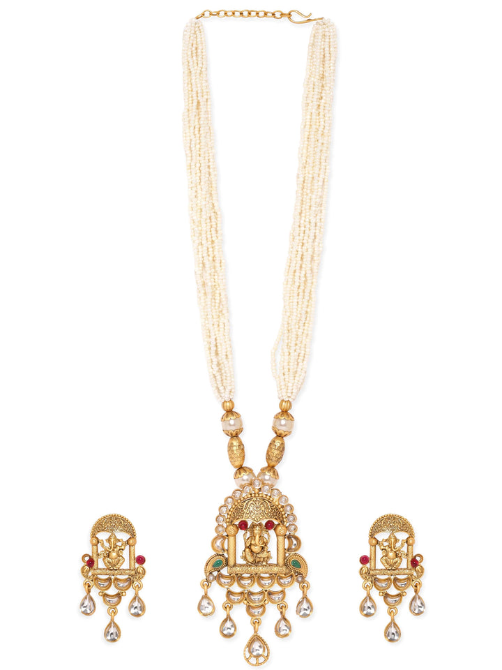 Rubans Lord Ganesha Temple Jewellery with White Beads Chain Necklace Set Jewellery Sets