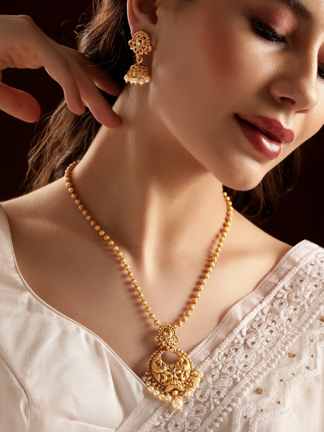 Rubans 18K Gold-Plated Chandbali Pendant Jewellery Set with Golden Bead White Pearl Drop