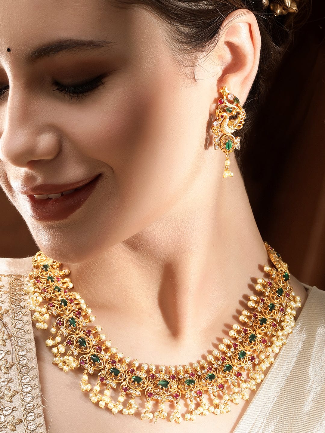 Rubans Opulent Gold Tone Temple Necklace Set with Multicolored Stones Jewellery Sets