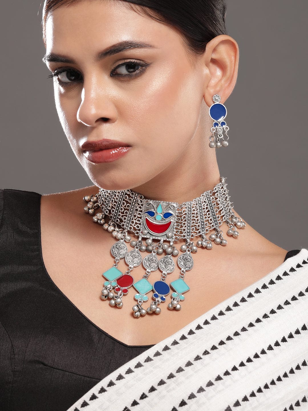 Rubans Oxidised Silver-Plated Choker Necklace Set with Vibrant Blue, Red Turquoise Accents
