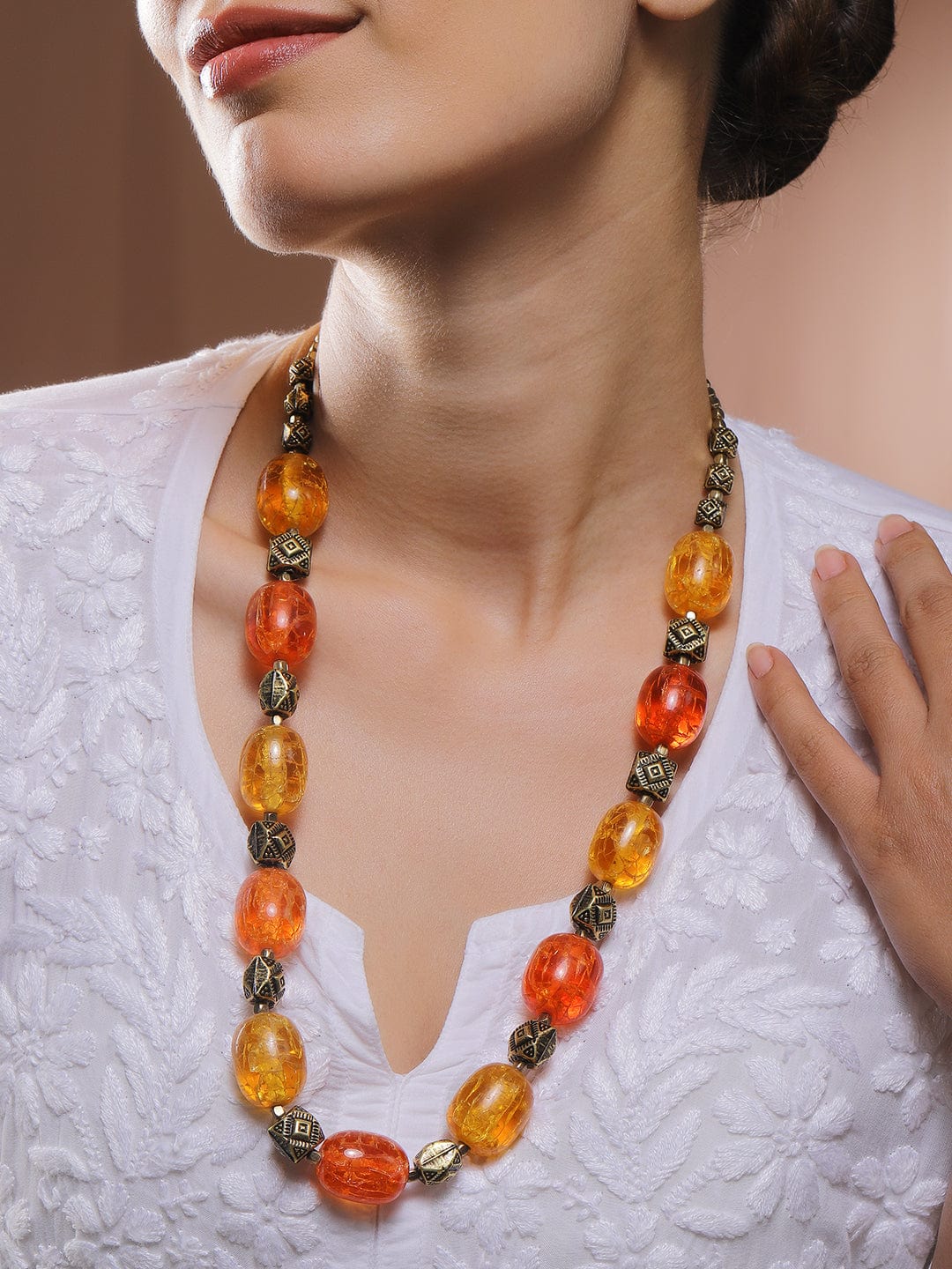Rubans Oxidized Antique Gold Bohemian Necklace with Amber Orange Yel