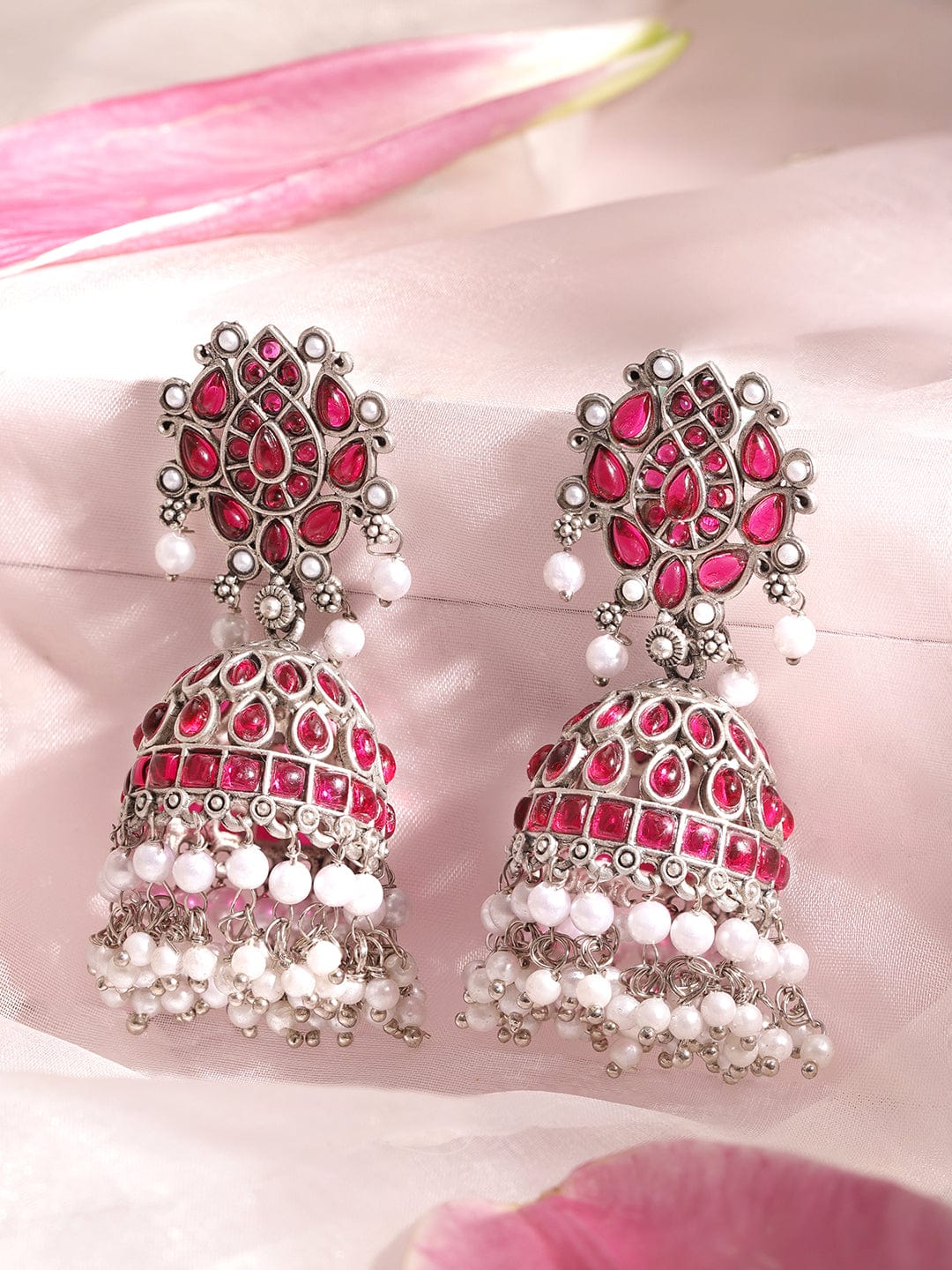 Pink Stone With Pearl Silver Earring, 925 Sterling discount Silver Earring, Antique Silver Jhumkas Earring, Handmade Jewelry Earring,