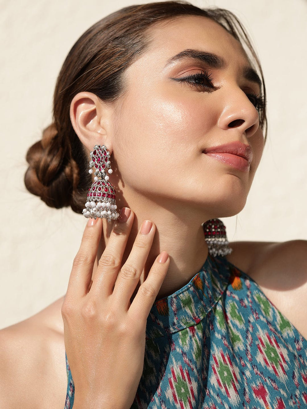 Rubans Oxidized Elegance Pink Stone Jhumka Earrings Earrings