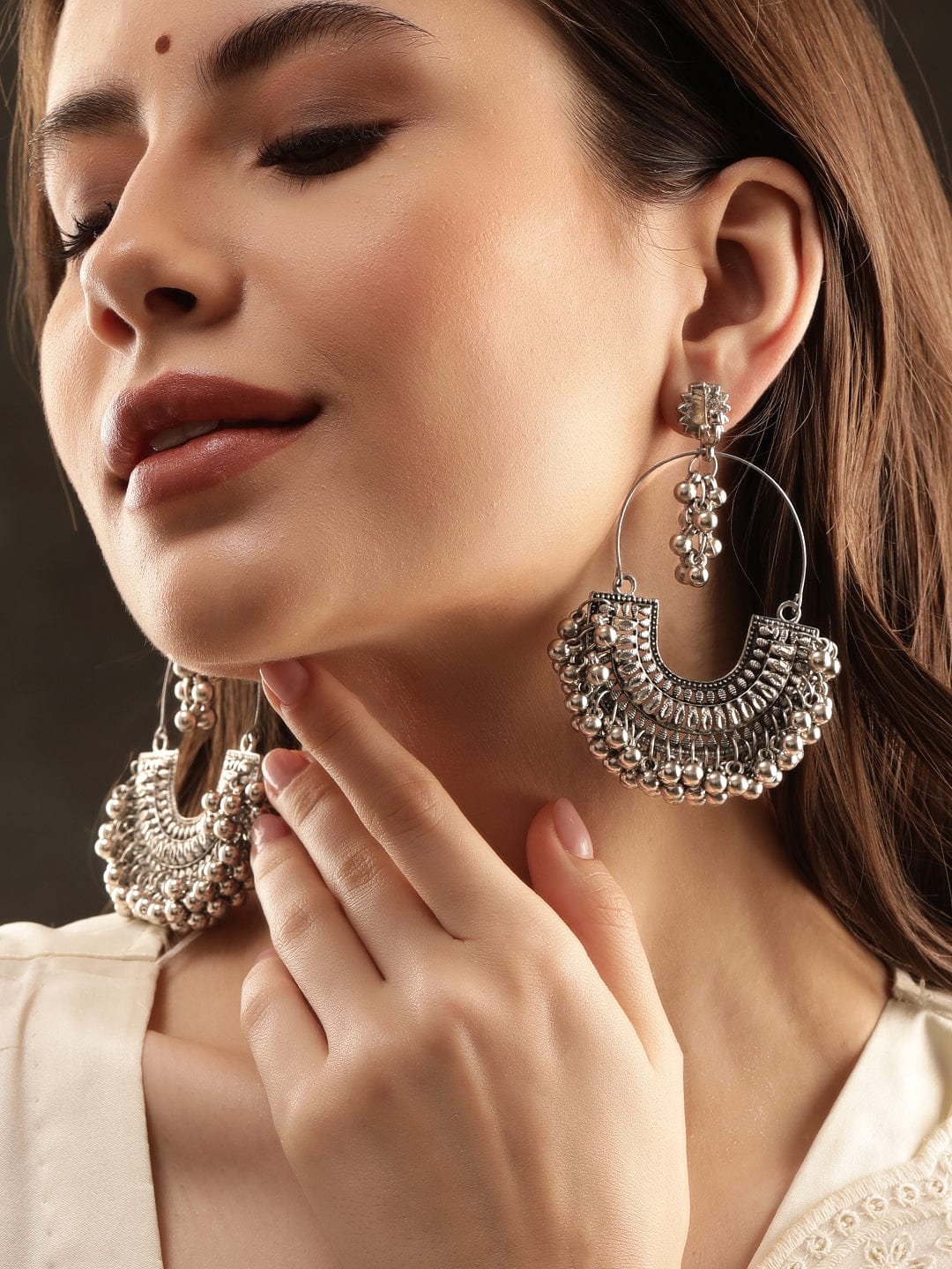 Oxidized Chandbali Jhumka Jhumki Peacock Ethnic Statement Hoop Earrings  Jewellery for Girls and Women (Silver)