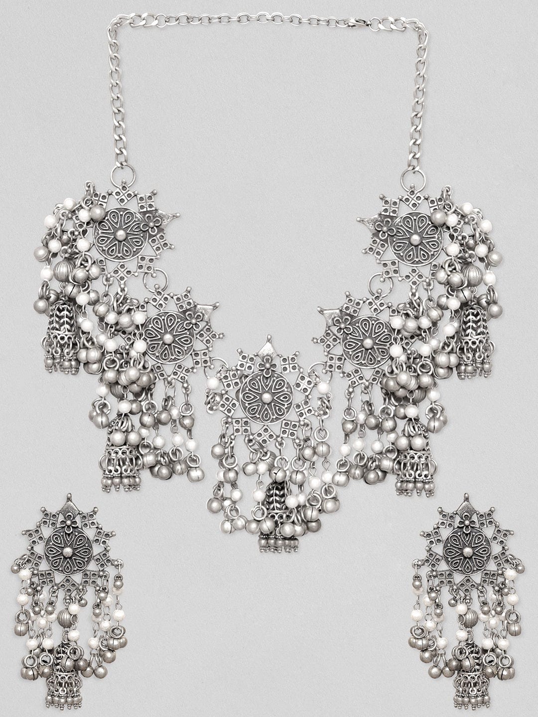 Rubans Oxidized Silver Plated Flower Design With Ghungroo Short Necklace Set Necklace Set