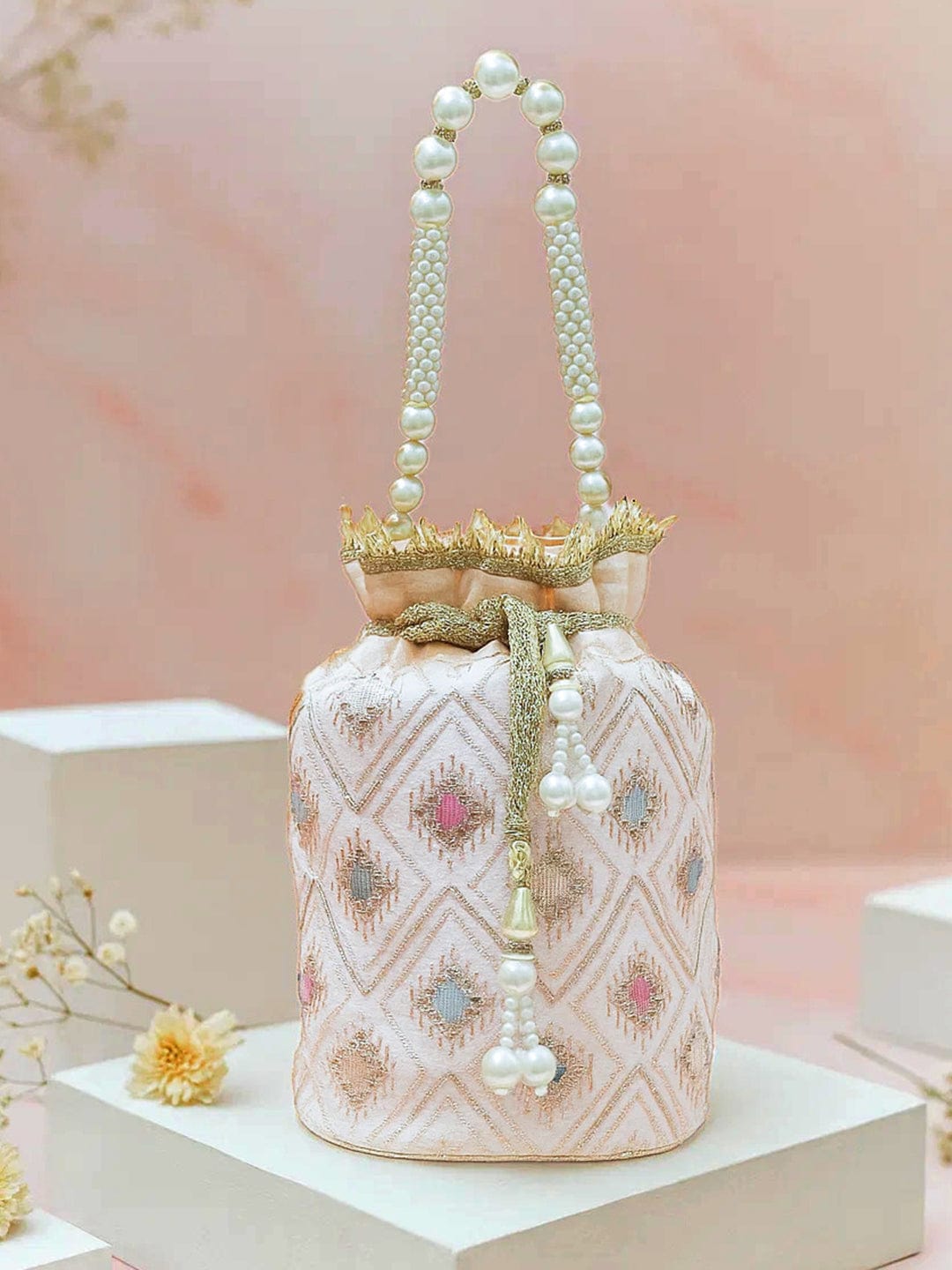 Rubans Pastel Pink Fabric Potli Bag with Multicolor Embroidery, Pearl  Beaded Handle Golden Tassel