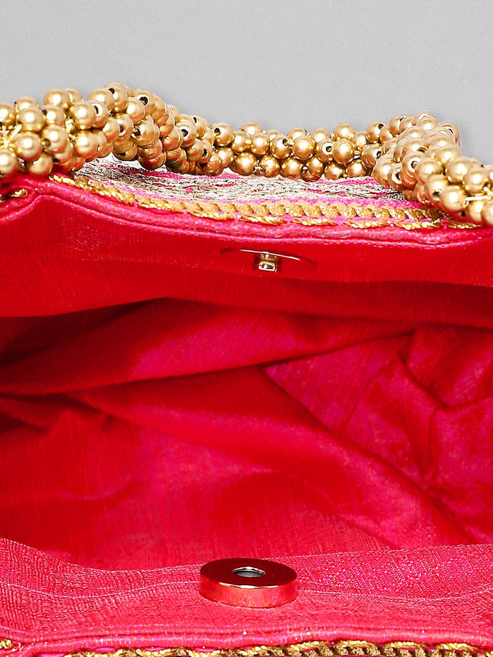 Rubans Pink Coloured Potli Bag With Multicoloured Embroidery Design Handbag & Wallet Accessories