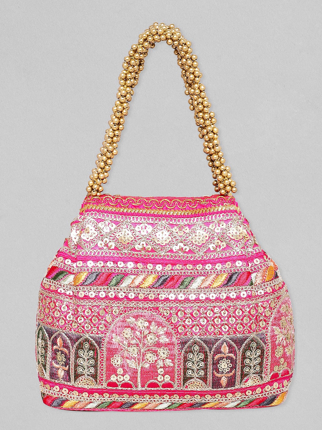 Rubans Pink Coloured Potli Bag With Multicoloured Embroidery Design Handbag & Wallet Accessories