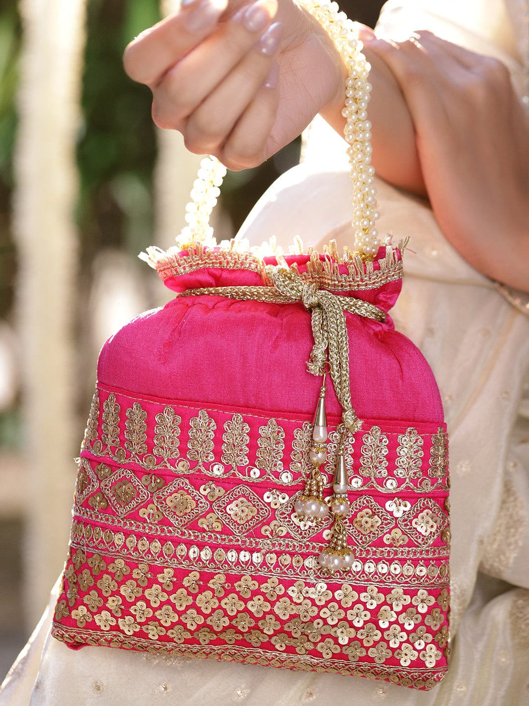 Rubans Pink Gold Embroidered Potli Bag with Pearl Handle Beaded Ta