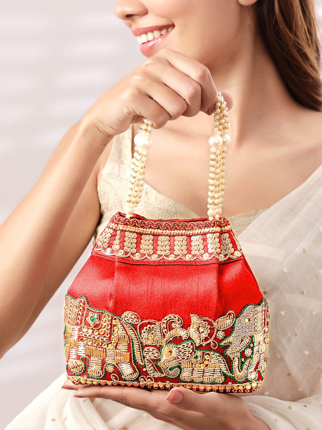 Rubans Red Embroidered Green Border Potli Bag with Pearl Handle El