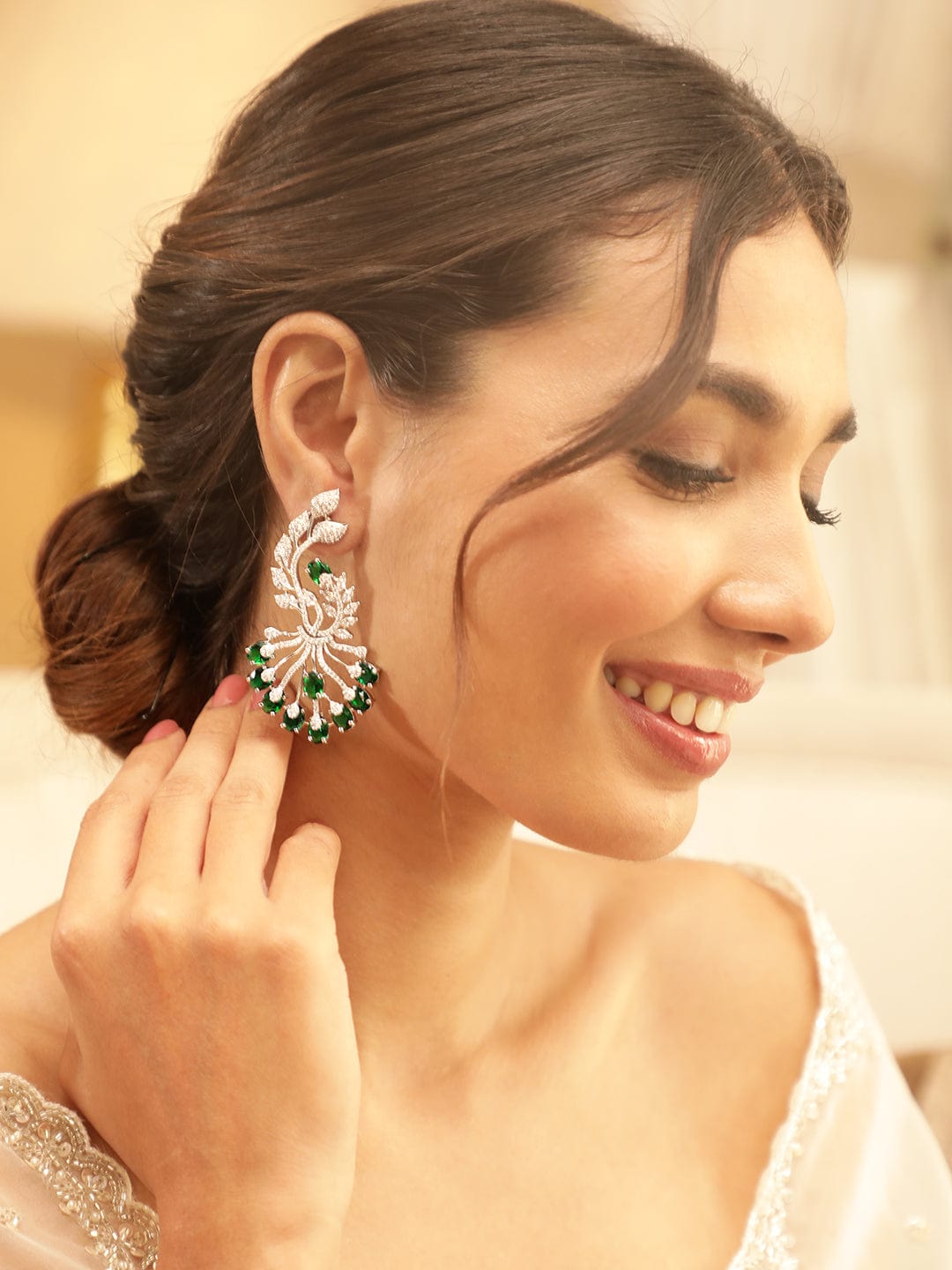 Rubans Regal Radiance Rhodium-Plated AD and Emerald Statement Earrings - Timeless Elegance Earrings