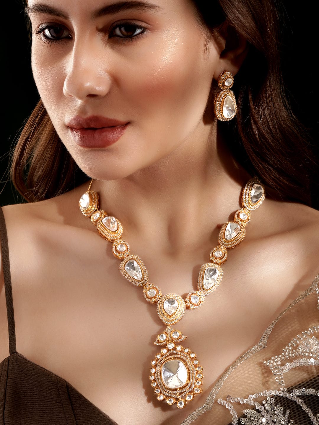 Rubans Regal Reverie: Zirconia & Kudan with Polki Studded Wedding Necklace Set Jewellery Sets