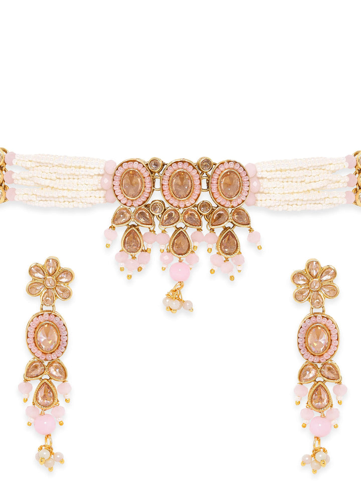 Rubans Reverse AD Choker Set with Whispers of White and Pink Beads Jewellery Sets