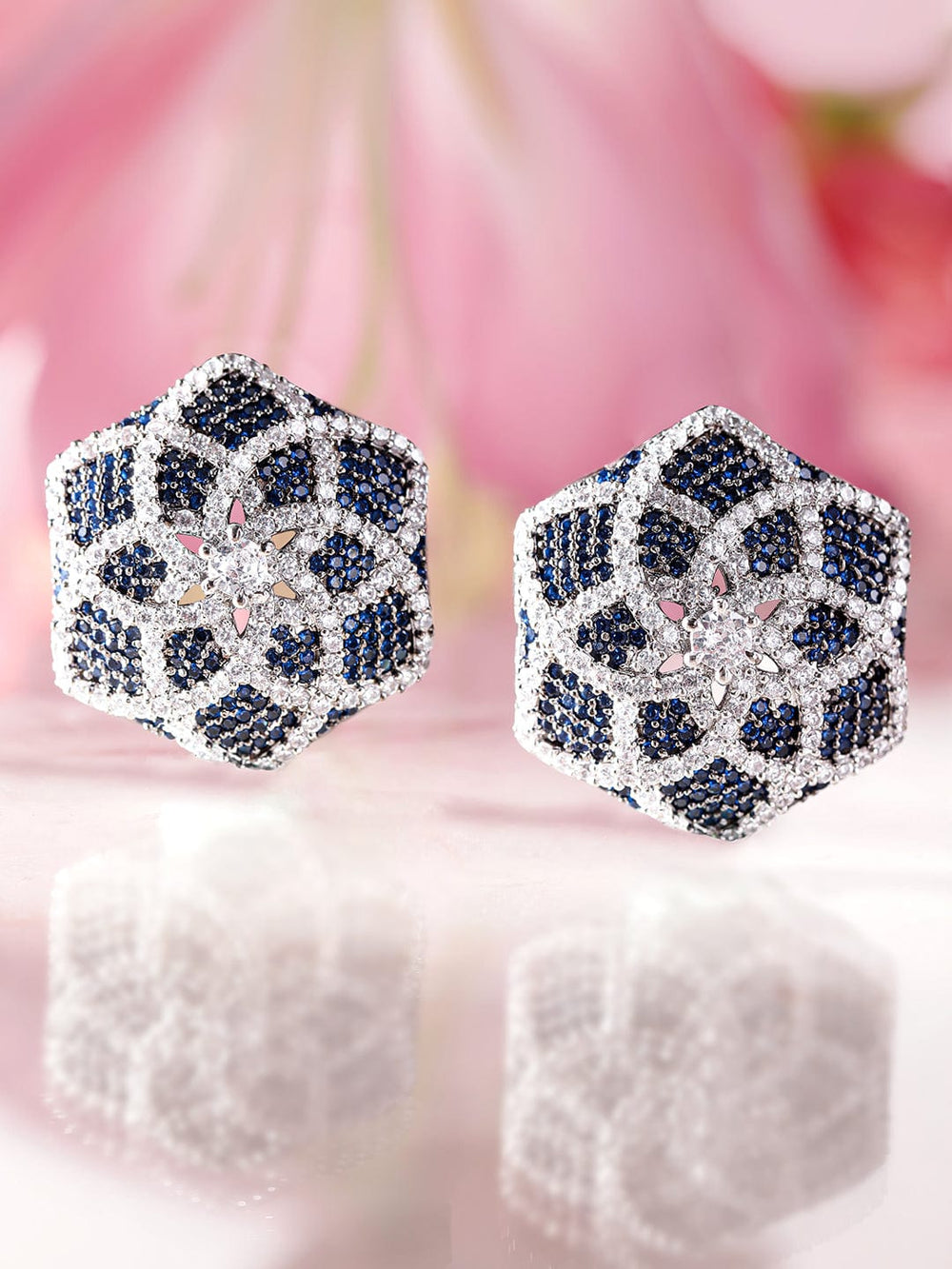Rubans Rhodium Plated AAA Cubic Zirconia Blue Sapphire Floral motif Statement Stud Earrings Earrings