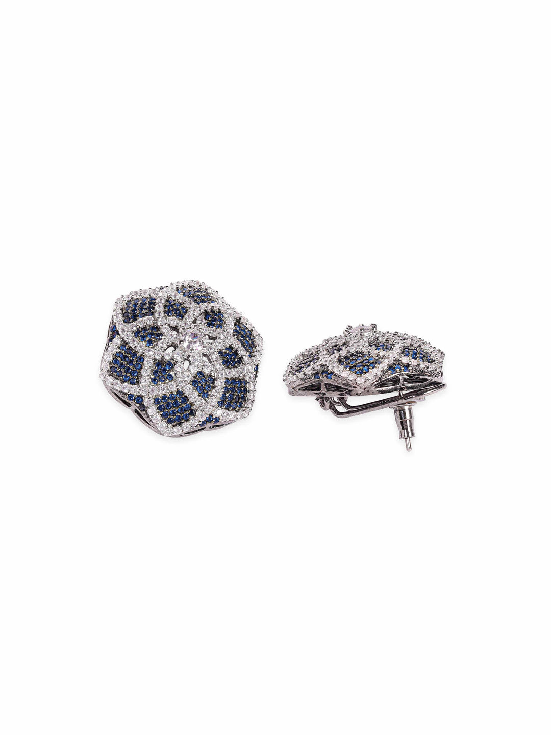 Rubans Rhodium Plated AAA Cubic Zirconia Blue Sapphire Floral motif Statement Stud Earrings Earrings