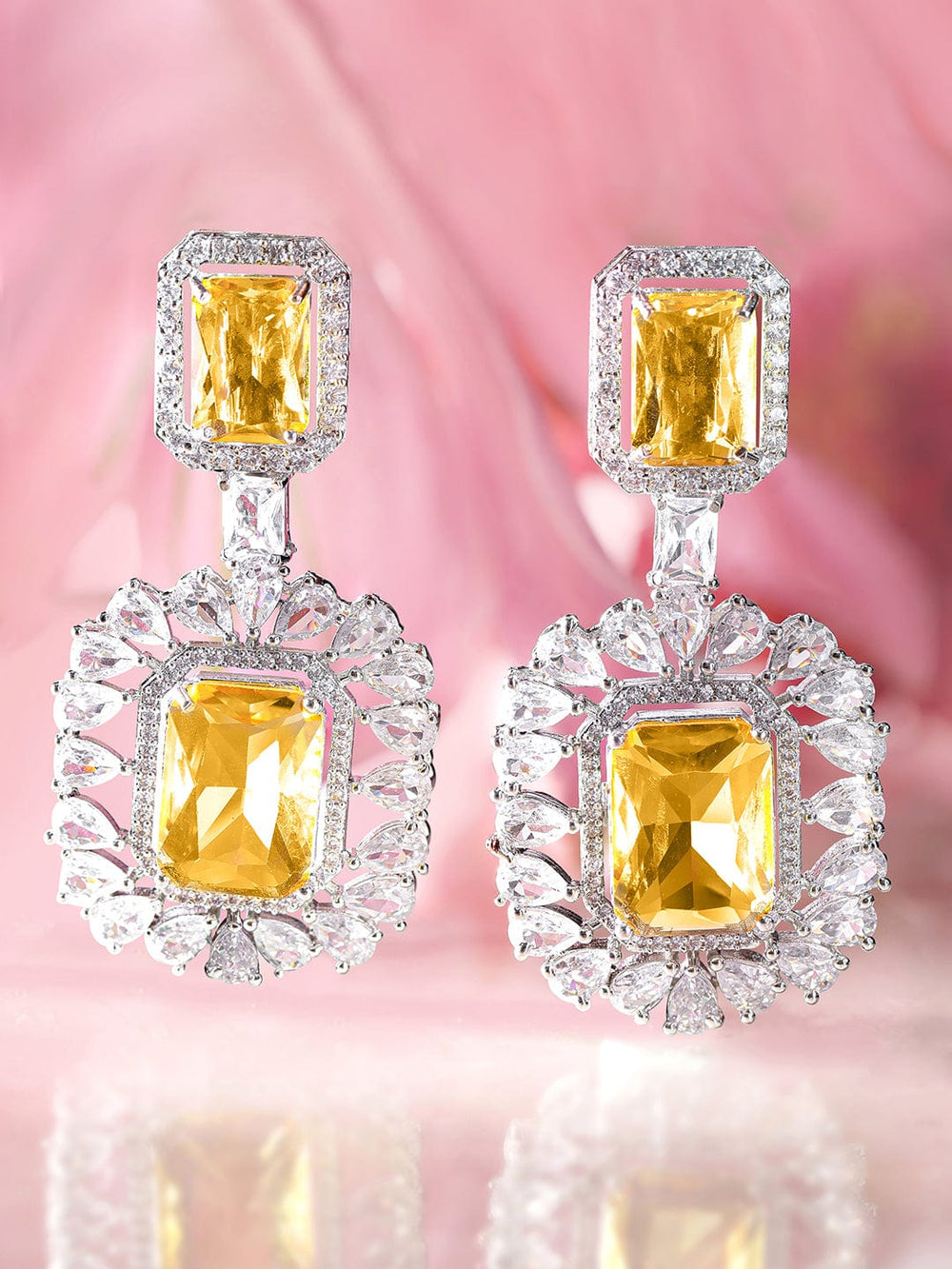 Rubans Rhodium plated AAA Cubic Zirconia Yellow Sapphire studded Statement Dangle Earring Earrings